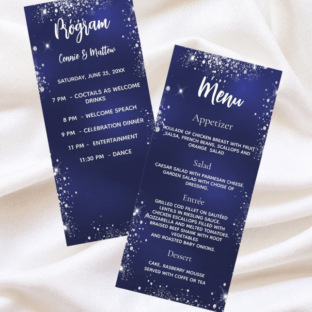 Wedding program dinner menu navy blue silver (Creator Uploaded)