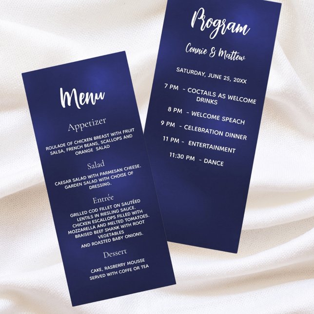 Wedding program dinner menu navy blue white (Creator Uploaded)