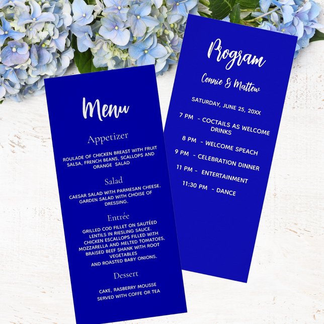 Wedding program dinner menu royal blue white (Creator Uploaded)