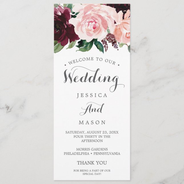 Wedding Program Double Sided Blush Burgundy Programme (Front)