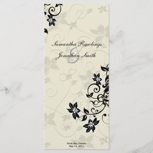 Wedding Program - Elegant Black & Ivory Floral Programme (Front)