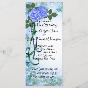 Wedding Program elegant Blue Roses teal ribbon Programme