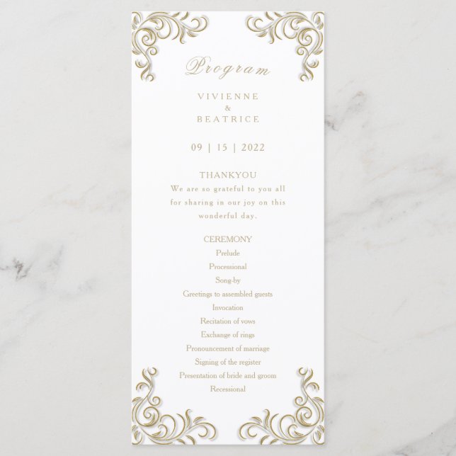 Wedding program elegant gold decorative scroll programme (Front)
