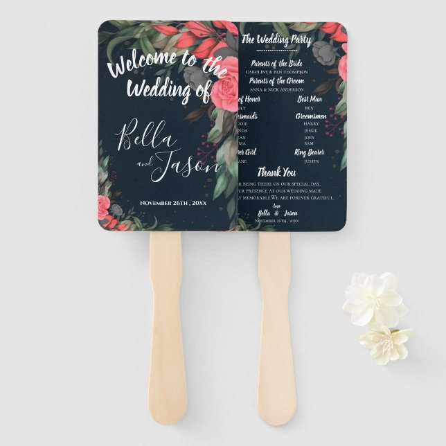 Wedding Program Elegant Peach Orange Floral  Hand Fan (Front and Back)
