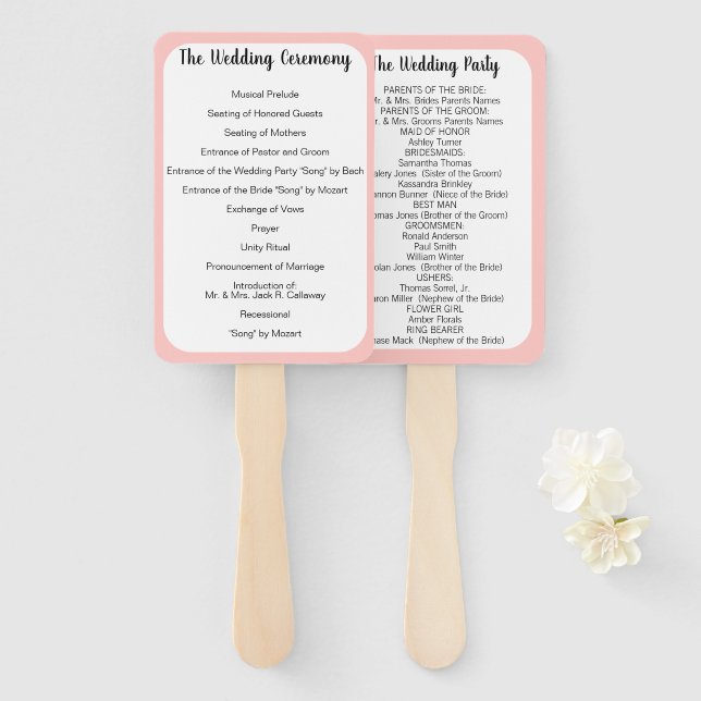 Wedding Program Fan Any Custom Colour shown Pink (Front and Back)