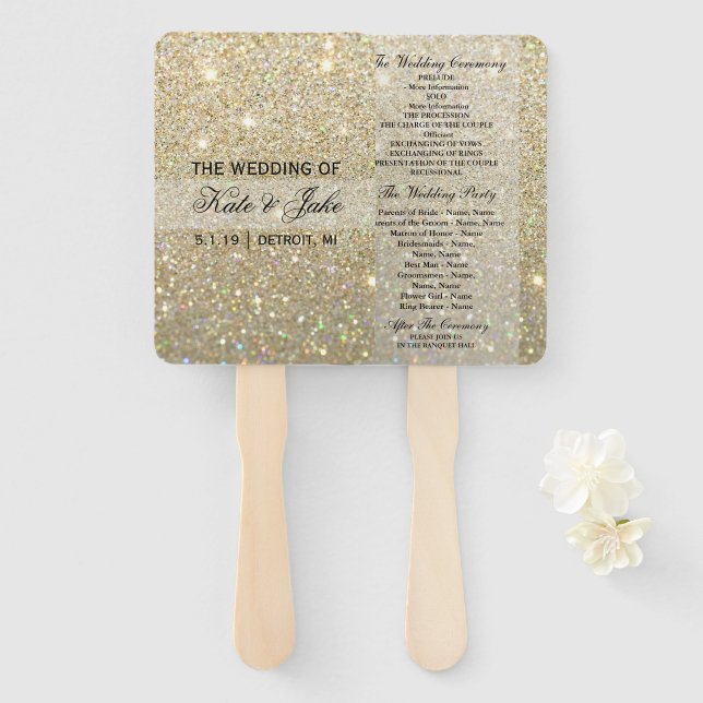 Wedding Program Fan - Gold Glitter Fab (Front and Back)