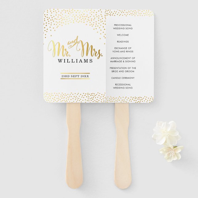 WEDDING PROGRAM FAN mr and mrs chic gold confetti (Front and Back)