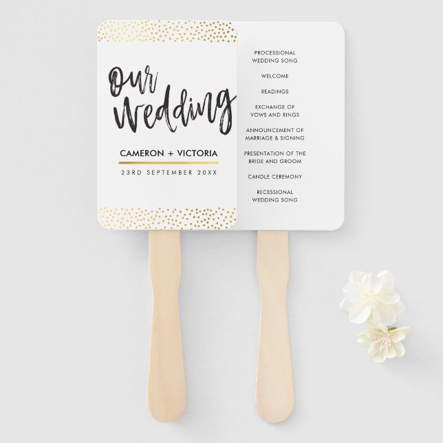WEDDING PROGRAM FAN stylish chic gold confetti (Front and Back)