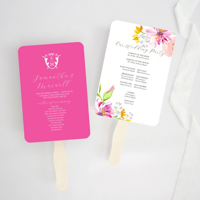 Wedding Program Fan Templates Floral Monogram (Wedding program fan watercolor pink floral art and design by Victoria Grigaliunas of Do Tell A Belle)