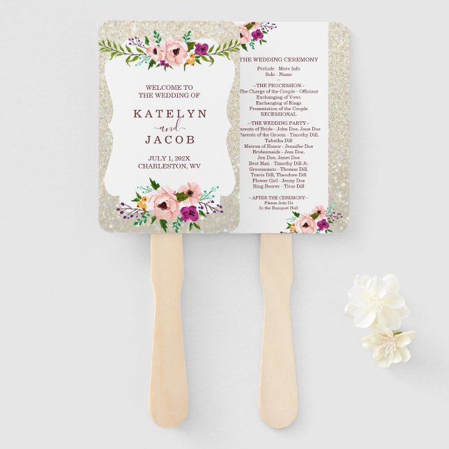 Wedding Program Fan White Gold Floral Glitter Fab (Front and Back)