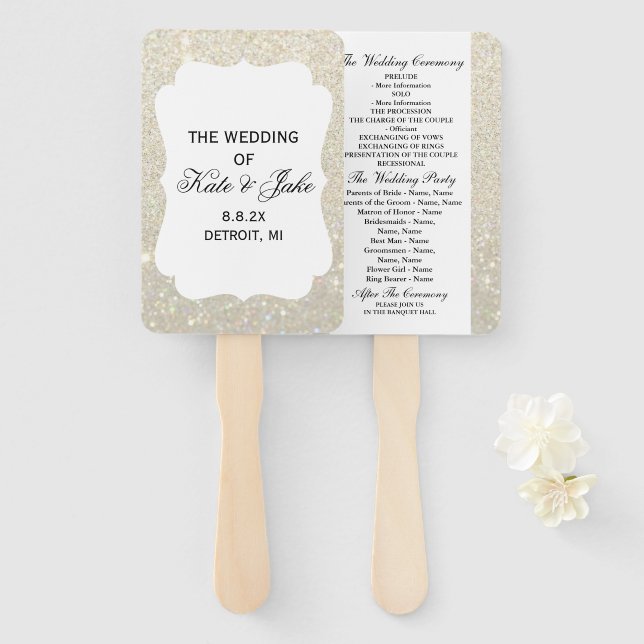 Wedding Program Fan - White Gold Glitter Elegance (Front and Back)
