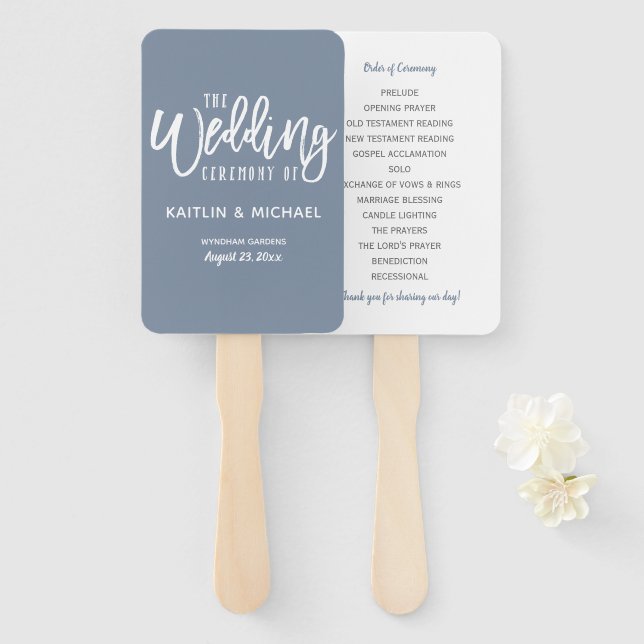 Wedding Program Fans | Brush Script (Dusty Blue) (Front and Back)