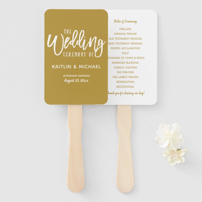 Wedding Program Fans | Brush Script (Gold) (Front and Back)