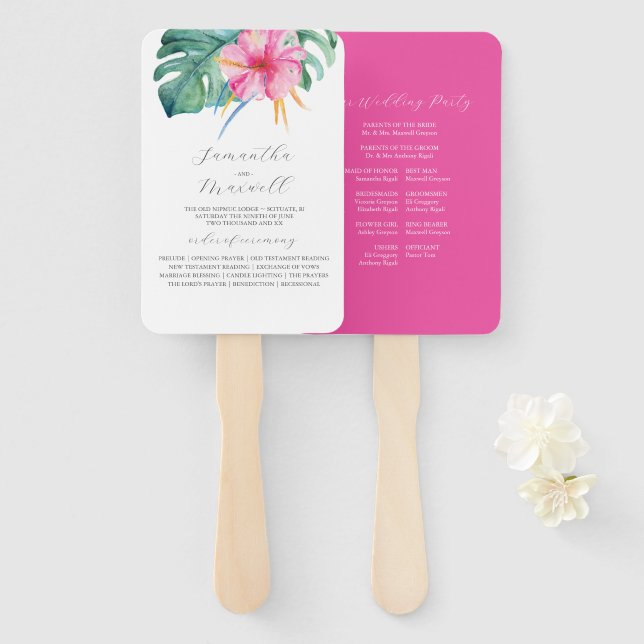 Wedding Program Fans Watercolor Pink Flower (Front and Back)