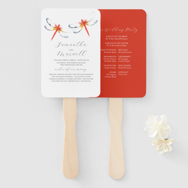 Wedding Program Fans Watercolor Red Dragonfly (Front and Back)