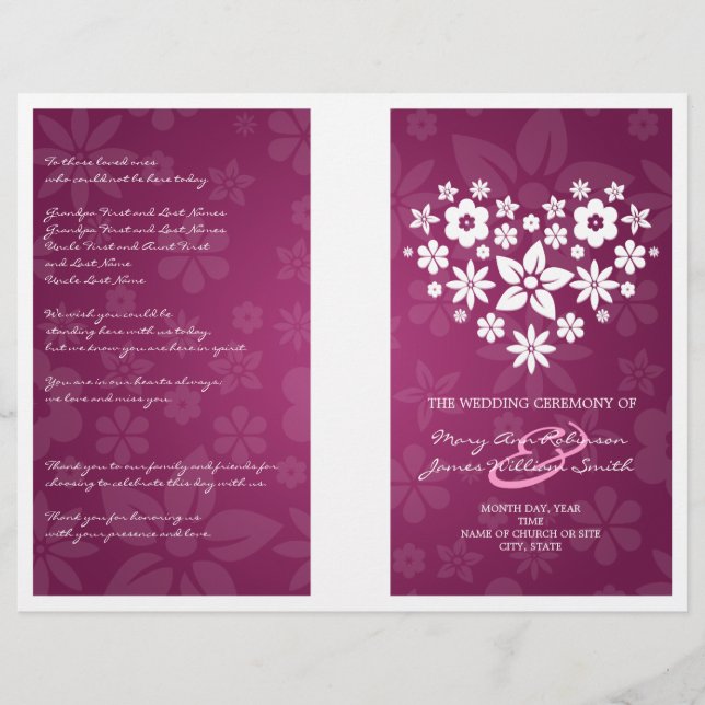 Wedding Program Flowery Heart Berry Pink (Front)