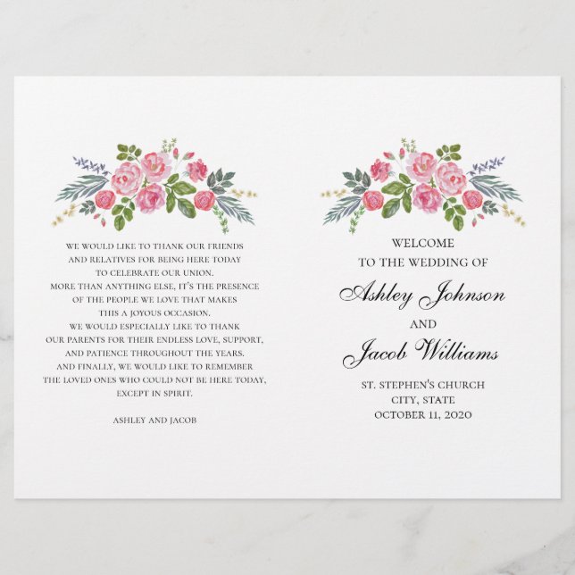 Wedding program folded. Pink roses. Garden flowers (Front)