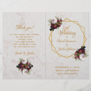 Wedding Program Gold Burgundy White Marble Peonies