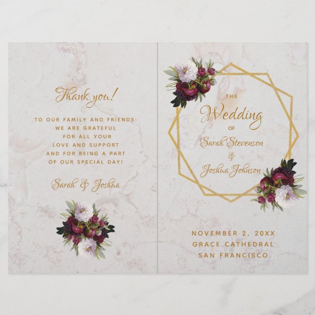 Wedding Program Gold Burgundy White Marble Peonies (Front)