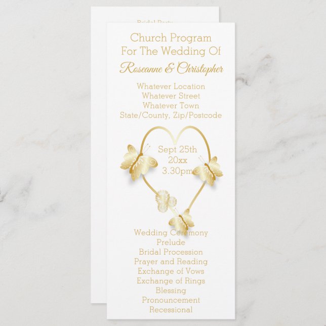 Wedding Program Gold Coloured Heart Butterfly Programme (Front/Back)