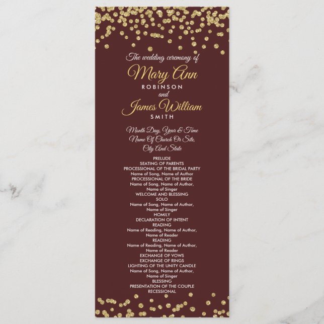 Wedding Program Gold Faux Glitter Confetti Marsala Programme (Front)