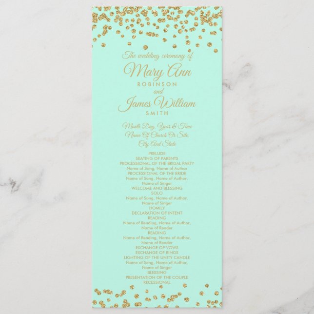 Wedding Program Gold Faux Glitter Confetti Mint Programme (Front)