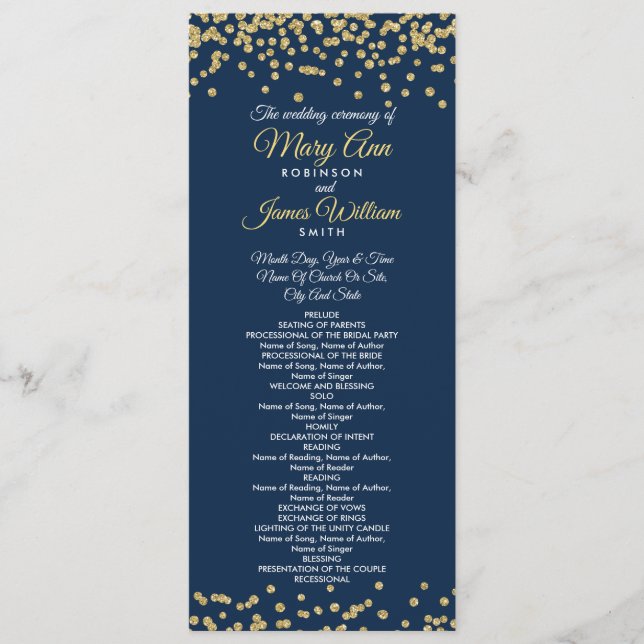 Wedding Program Gold Faux Glitter Confetti Navy Programme (Front)