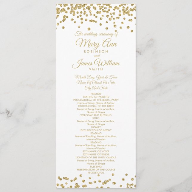 Wedding Program Gold Faux Glitter Confetti White Programme (Front)