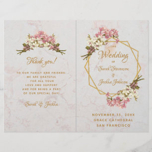 Wedding Program Gold Pink Orchids Marble Geometric