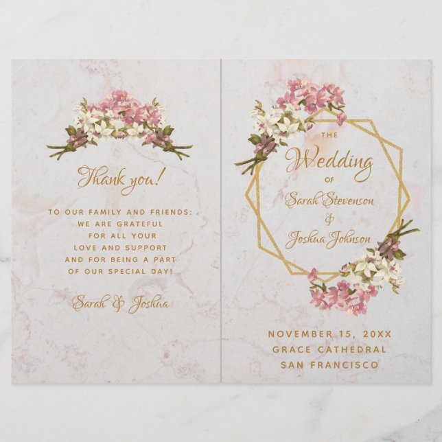 Wedding Program Gold Pink Orchids Marble Geometric (Front)