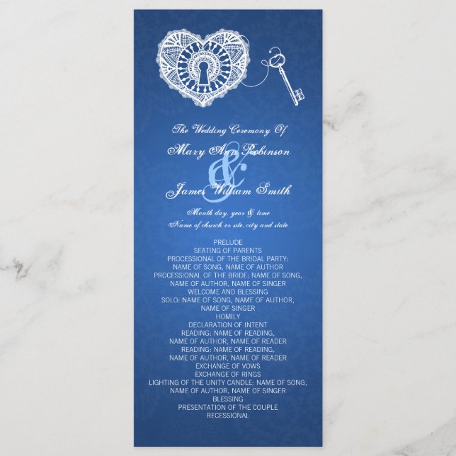 Wedding Program Key To My Heart Blue Programme (Front)