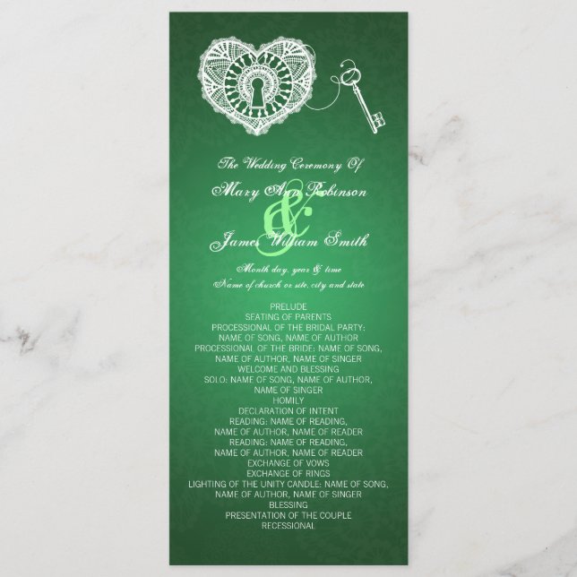 Wedding Program Key To My Heart Green Programme (Front)