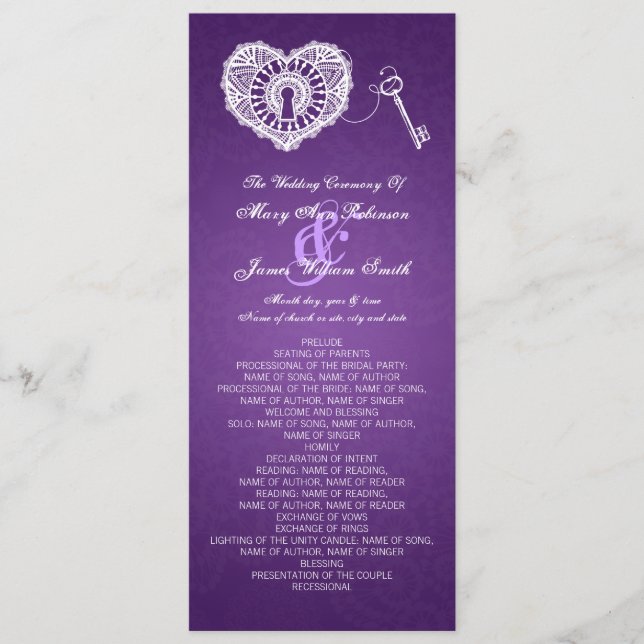 Wedding Program Key To My Heart Purple Programme (Front)