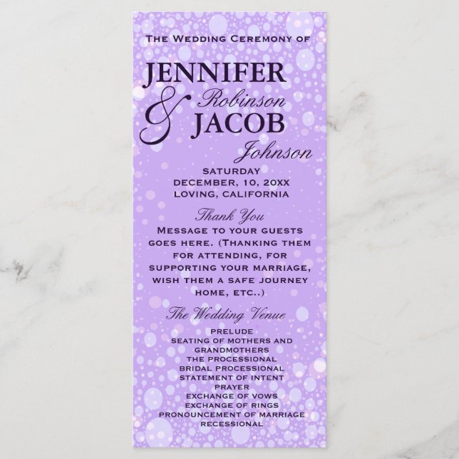 Wedding Program | Lavender Champagne Bubbles Programme (Front)