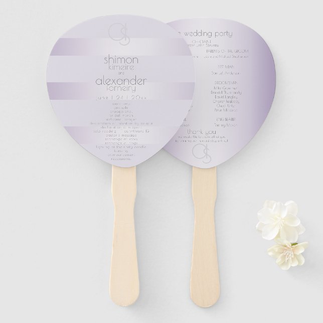 Wedding Program | Lilac Shimmer Stripes Monogram Hand Fan (Front and Back)