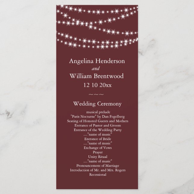 Wedding Program - Marsala Twinkle Lights Programme (Front)