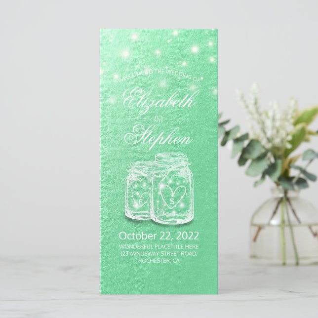 Wedding Program Mason Jars String Light Green Gold Programme (Standing Front)