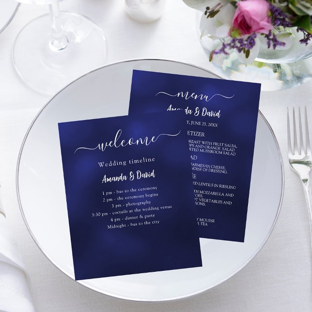 Wedding Program Menu navy blue white budget (Creator Uploaded)