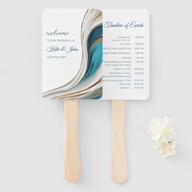 Wedding Program-Modern Blue and Gold- Hand Fan (Front and Back)
