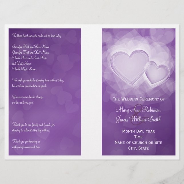 Wedding Program Modern Hearts Purple (Front)