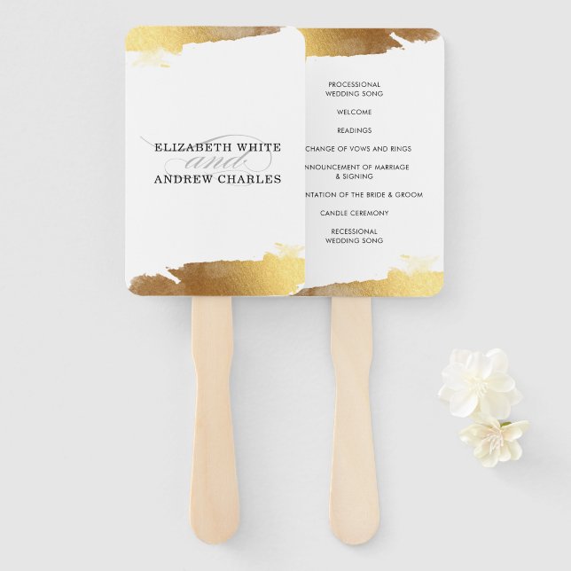 WEDDING PROGRAM modern luxe gilded gold edges Hand Fan (Front and Back)