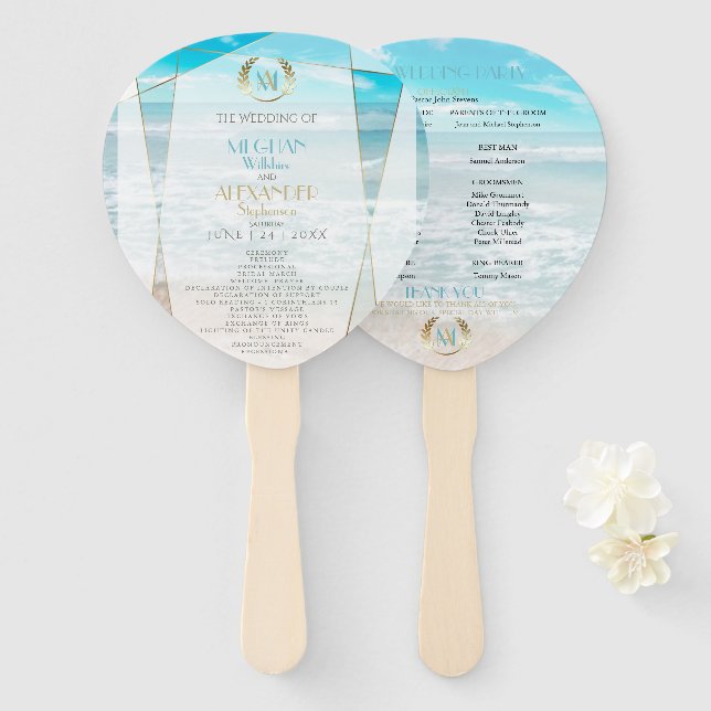 Wedding Program | Modern Monogram Geometric Beach Hand Fan (Front and Back)