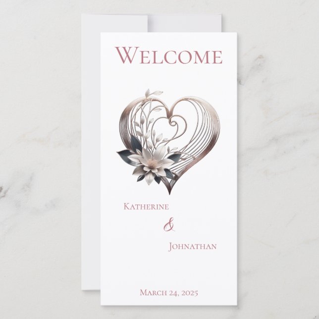 Wedding Program-Modern Pink Heart with Flowers (Front)