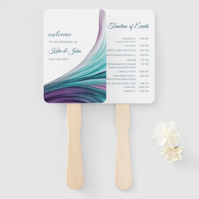 Wedding Program-Modern Purple and Teal- Hand Fan (Front and Back)