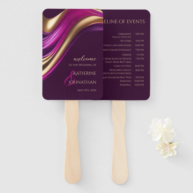 Wedding Program-Modern Purple Fuchsia and Gold- Hand Fan (Front and Back)