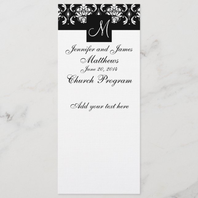 Wedding Program Monogram Black White Damask Programme (Front)