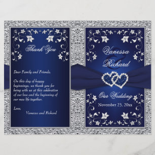 Wedding Program   Navy, Silver Floral, Hearts