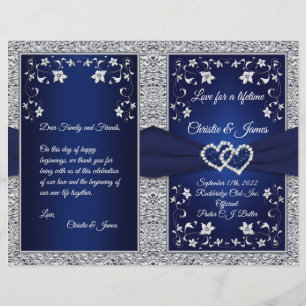 Wedding Program Navy, Silver Floral, Hearts