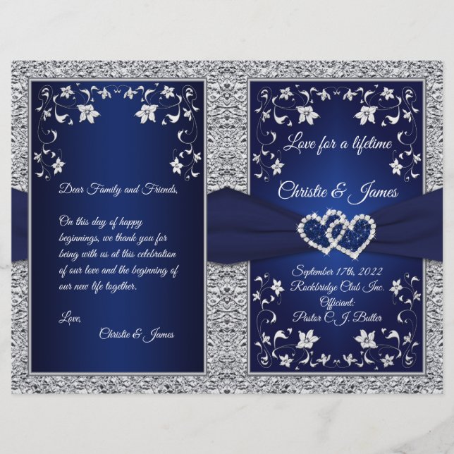 Wedding Program | Navy, Silver Floral, Hearts (Front)