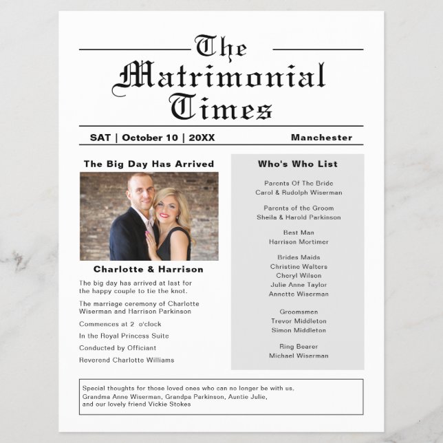 Wedding Program Novelty Newspaper Style Flyer (Front)